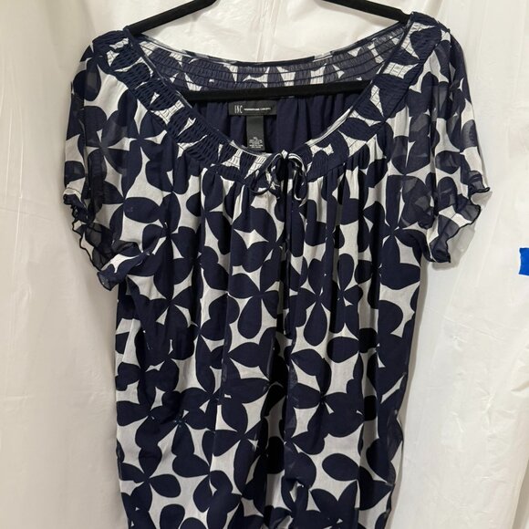 INC International Concepts Navy White Print Blouse XL Sheer Nylon Top - Picture 1 of 2